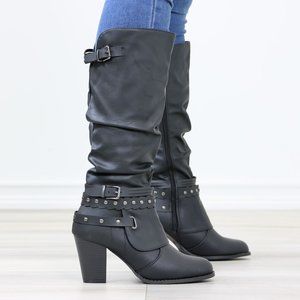 Motorcycle Heeled Boots For Rocker Biker Girls Below The Knee Black Faux Leather